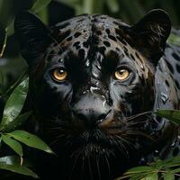 un negro jaguar mirando a el cámara en el selva ai generativo foto