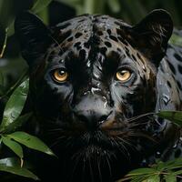 a black jaguar looking at the camera in the jungle AI Generative photo