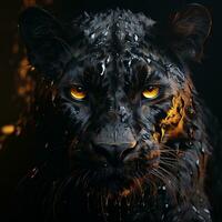 un negro leopardo con amarillo ojos en el oscuro ai generativo foto