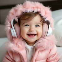 A cheerful baby cute funny surprise in pink headphone listening to music AI Generative photo