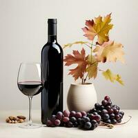 A black bottle of wine and a leaf and grapes AI Generative photo