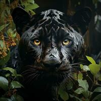 a black jaguar looking at the camera in the jungle AI Generative photo