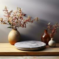 3d mockup of a marble countertop with basket and plants AI Generative photo