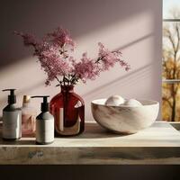 3d mockup of a marble countertop with basket and plants AI Generative photo