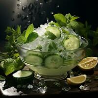 A bowl of cucumber with ice and mint AI Generative photo