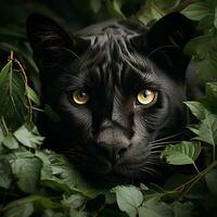 a black jaguar peeking through the forest leaves AI Generative photo