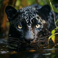 un negro leopardo acecha detrás el hojas en el selva ai generativo foto