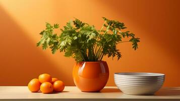 A vibrant indoor garden blooms beside a bowl of juicy oranges on a table, bringing life and freshness to the wall of the houseplant, AI Generative photo
