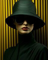 A stylish woman exudes confidence and mystery as she dons a fashionable headdress and sunglasses, her lips painted with bold color, making for a captivating portrait, AI Generative photo