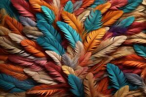multicolor pluma fondo, vistoso pluma fondo de pantalla, arco iris plumas fondo, vistoso mullido pluma textura, pluma patrón, pluma textura, piel textura, ai generativo foto
