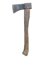 Old rust dirty dark gray axe with brown wooden handle isolated on white background with clipping path photo