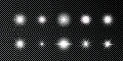 Light effect of lens flares. Set of ten white glowing lights starburst effects with sparkles on a dark background. Vector illustration