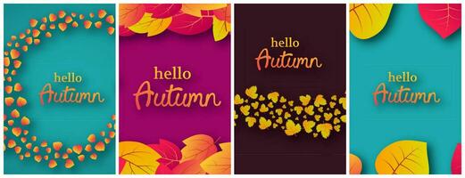 Set of four backgrounds with autumn leaves and place for your text.  Stories banner design for fall season banner or poster. Vector illustration