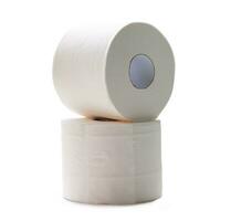 two rolls of white tissue paper or napkin in stack for use in toilet or restroom isolated on white background with clipping path. photo