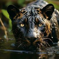 un negro jaguar caminando mediante el turbio agua en un selva ai generativo foto