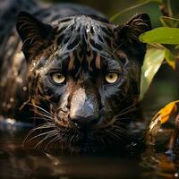 un negro jaguar echar un vistazo mediante el bosque hojas ai generativo foto