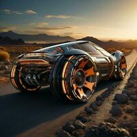 A car with white tires driving on track during sunset AI Generative photo