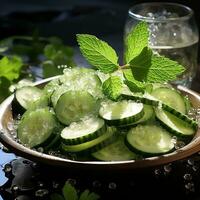 A bowl of cucumber with ice and mint AI Generative photo