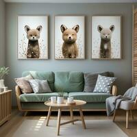 3 pictures of a baby room with the bear, deer, lion and teddy bear AI Generative photo