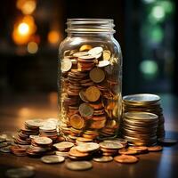 A clear jar with a stack of gold coins AI Generative photo