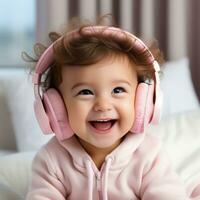 A cheerful baby cute funny surprise in pink headphone listening to music AI Generative photo