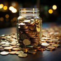 A clear jar with a stack of gold coins AI Generative photo