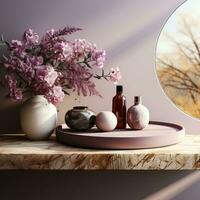 3d mockup of a marble countertop with basket and plants AI Generative photo