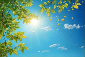 hojas en contra azul cielo con brillante luz solar, soleado cielo fondo, Dom y hojas fondo de pantalla, natural fondo, ai generativo foto