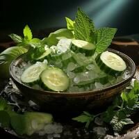 A bowl of cucumber with ice and mint AI Generative photo