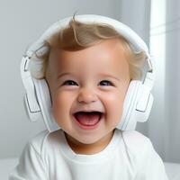 A cheerful baby cute funny surprise in headphone listening to music AI Generative photo