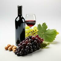 A black bottle of wine and a leaf and grapes AI Generative photo