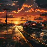 a car driving on a red track at sunset AI Generative photo