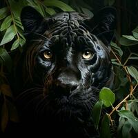 a black jaguar looking at the camera in the jungle AI Generative photo