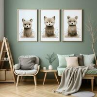 3 pictures of a baby room with the bear, deer, lion and teddy bear AI Generative photo