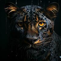 a black leopard with yellow eyes in the dark AI Generative photo