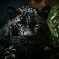 a black jaguar looking at the camera in the jungle AI Generative photo