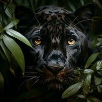 a black jaguar peeking through the forest leaves AI Generative photo