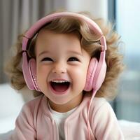 A cheerful baby cute funny surprise in pink headphone listening to music AI Generative photo