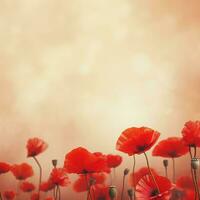 Remembrance Day background with copy space. Red poppy flowers on bokeh background. Suitable for social media posts, posters, and other marketing materials. Generative AI photo