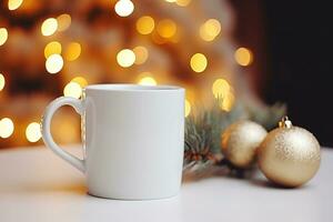 White mug on a white table with bright lights in defocus and gifts in the background. Close-up of a ceramic cup for advertising and design for New Year and Christmas. Generative AI photo