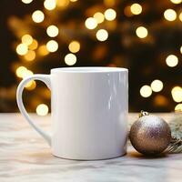 White mug on a white table with bright lights in defocus and gifts in the background. Close-up of a ceramic cup for advertising and design for New Year and Christmas. Generative AI photo