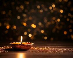 Diwali background with copy space. A lit candle on a wooden table, with a blurred bokeh background of lights. Perfect for advertising, banners, and social media posts. Generative AI photo