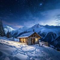 Winter wonderland panorama, wooden house in snowy mountains under starry sky. Generative AI photo