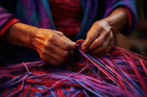 manos de mayor mujer Costura un cesta, un moderno tradicional patrimonio arte pasado abajo mediante generaciones el cesta es hecho de paja, mimbre, y algodón. generativo ai foto