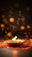 Diwali background with copy space. A lit candle on a wooden table, with a blurred bokeh background of lights. Perfect for advertising, banners, and social media posts. Generative AI photo