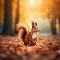 Wild brown squirrel with fluffy tail standing on autumn forest path. Orange tree leaves in fall city park. Nature scene in sunset fog. Scenic scenery with bright sunlight. Generative AI photo