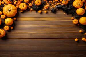 Halloween Elements on Wood Background, Halloween Party Border Wood Background, Halloween Background, AI Generative photo