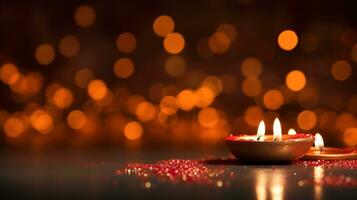 Diwali background with copy space. A lit candle on a wooden table, with a blurred bokeh background of lights. Perfect for advertising, banners, and social media posts. Generative AI photo