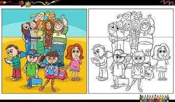 cartoon children and teens characters group coloring page vector