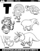 cartoon animal characters for letter T set coloring page vector